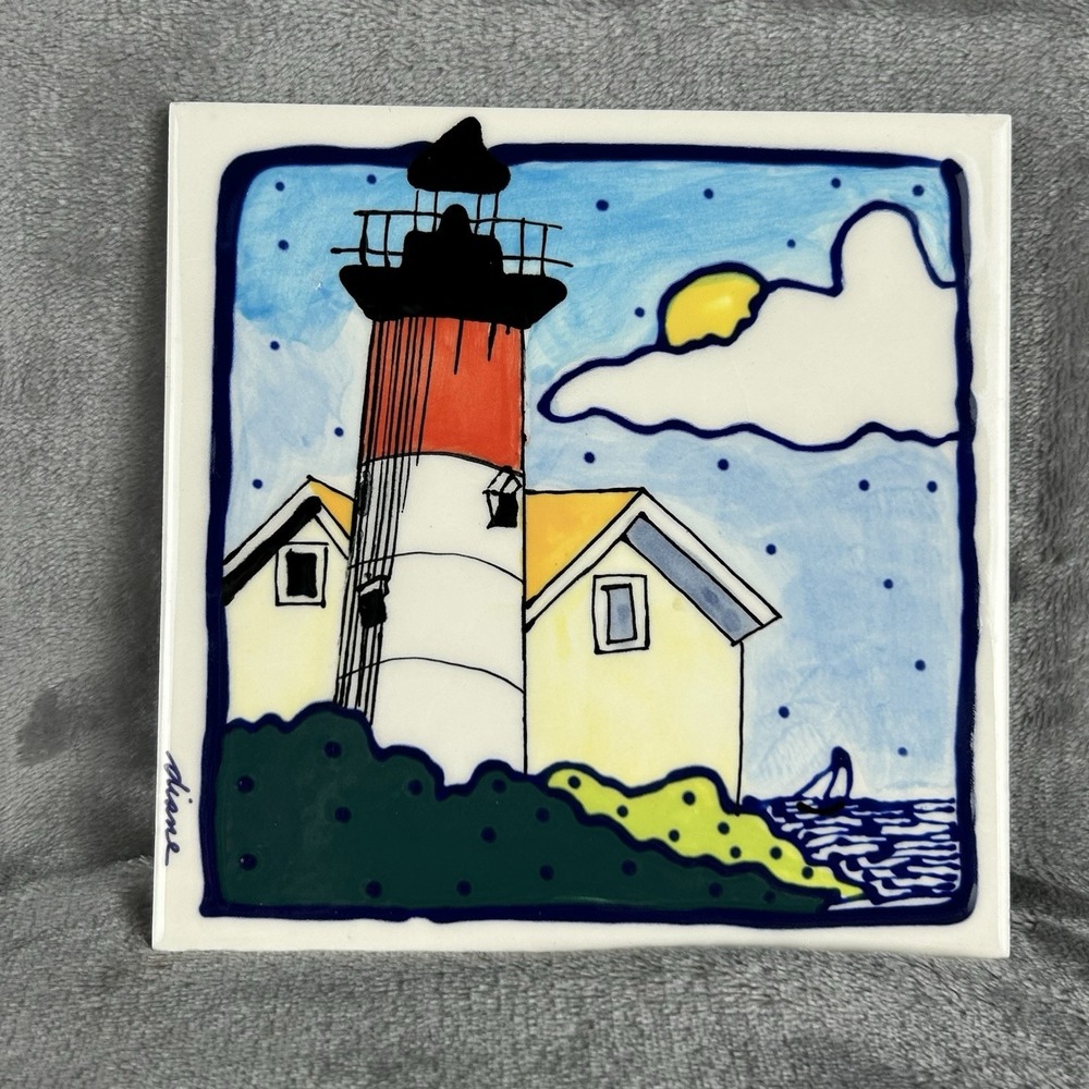 Hand Painted Diane Artware Ceramic Tile Wall Art Lighthouse 6x6 in Beachy Decor